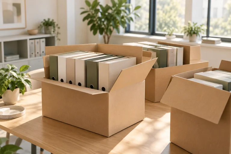 Umzugskartons mit Aktenordnern in einem hellen Büro