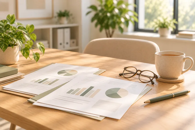 Abrechnungsunterlagen mit Diagrammen, daneben eine Lesebrille und ein Stift