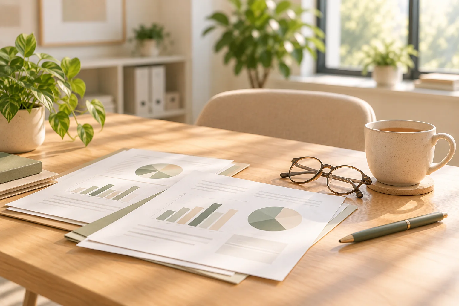 Abrechnungsunterlagen mit Diagrammen, daneben eine Lesebrille und ein Stift