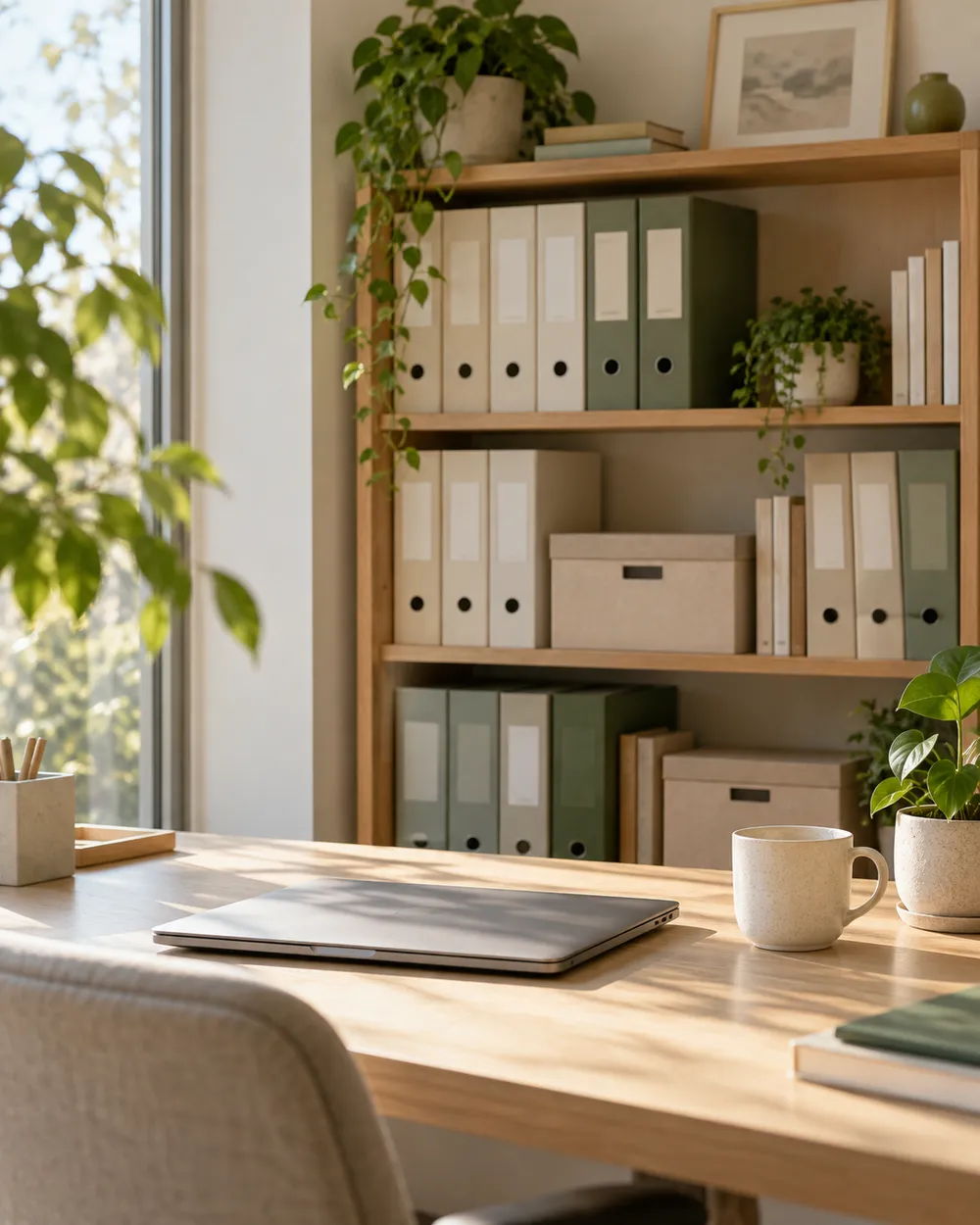 Aufgeräumter Arbeitsplatz mit Ordnern